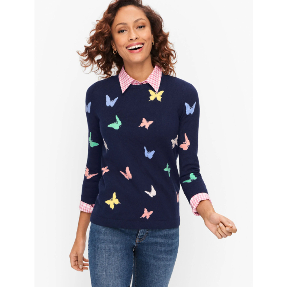 Talbots Women's Small Blue Jacquard Embroidered Butterfly Knit Pullover Sweater